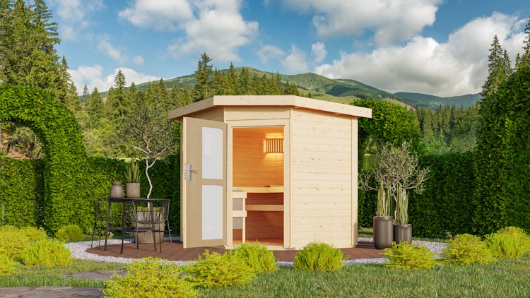 Karibu Gartensauna Pultdach Saunahaus Mikka mit Eckeinstieg naturbelassen inkl. gratis Saunaofen im Wert von 599,99 €