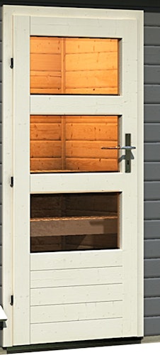 Karibu Saunahaus Skrollan 3 mit Vorraum terragrau (Rechteckfenster) inkl. gratis Saunaofen im Wert von 599,99 €