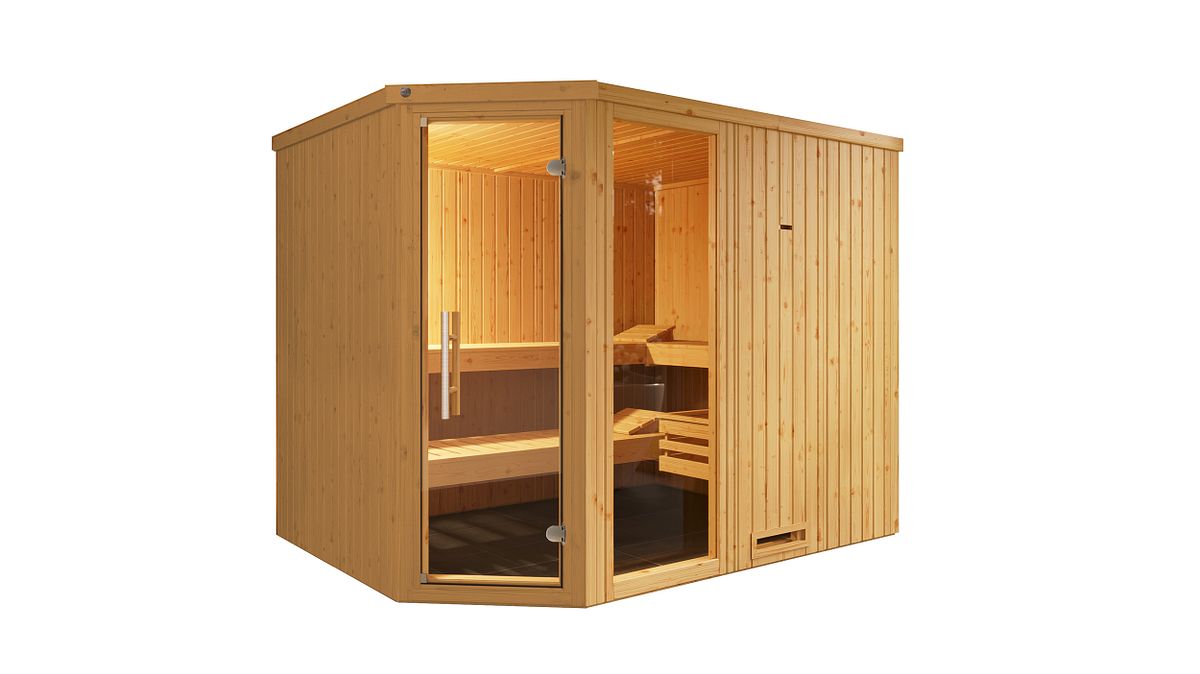 Weka Elementsauna Varberg 4 Familiensauna - 68 mm Ganzglastür u. Fensterelement(e) 7,5 kW Bio-Kombiofen BioS inkl. Steuerung inkl. Steuerung