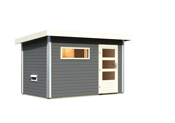 Karibu Gartensauna Pultdach Saunahaus Skrollan 1 mit Vorraum terragrau inkl. gratis Saunaofen im Wert von 599,99 €
