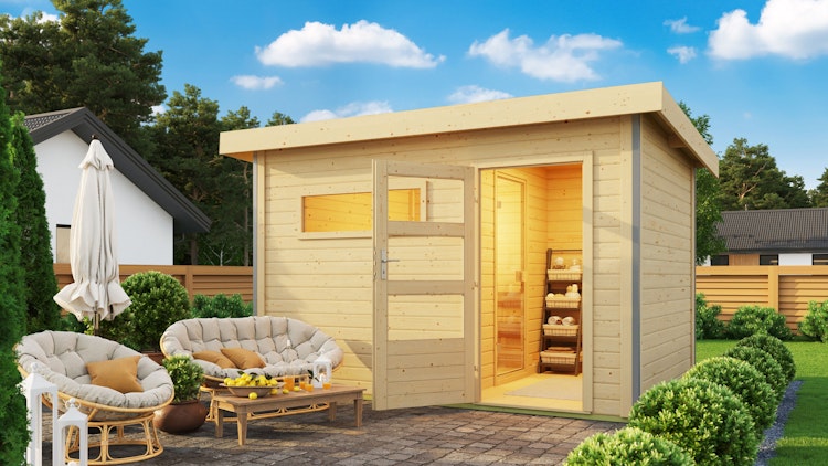 Karibu Saunahaus Skrollan 2 mit Vorraum naturbelassen inkl. gratis Saunaofen im Wert von 599,99 €