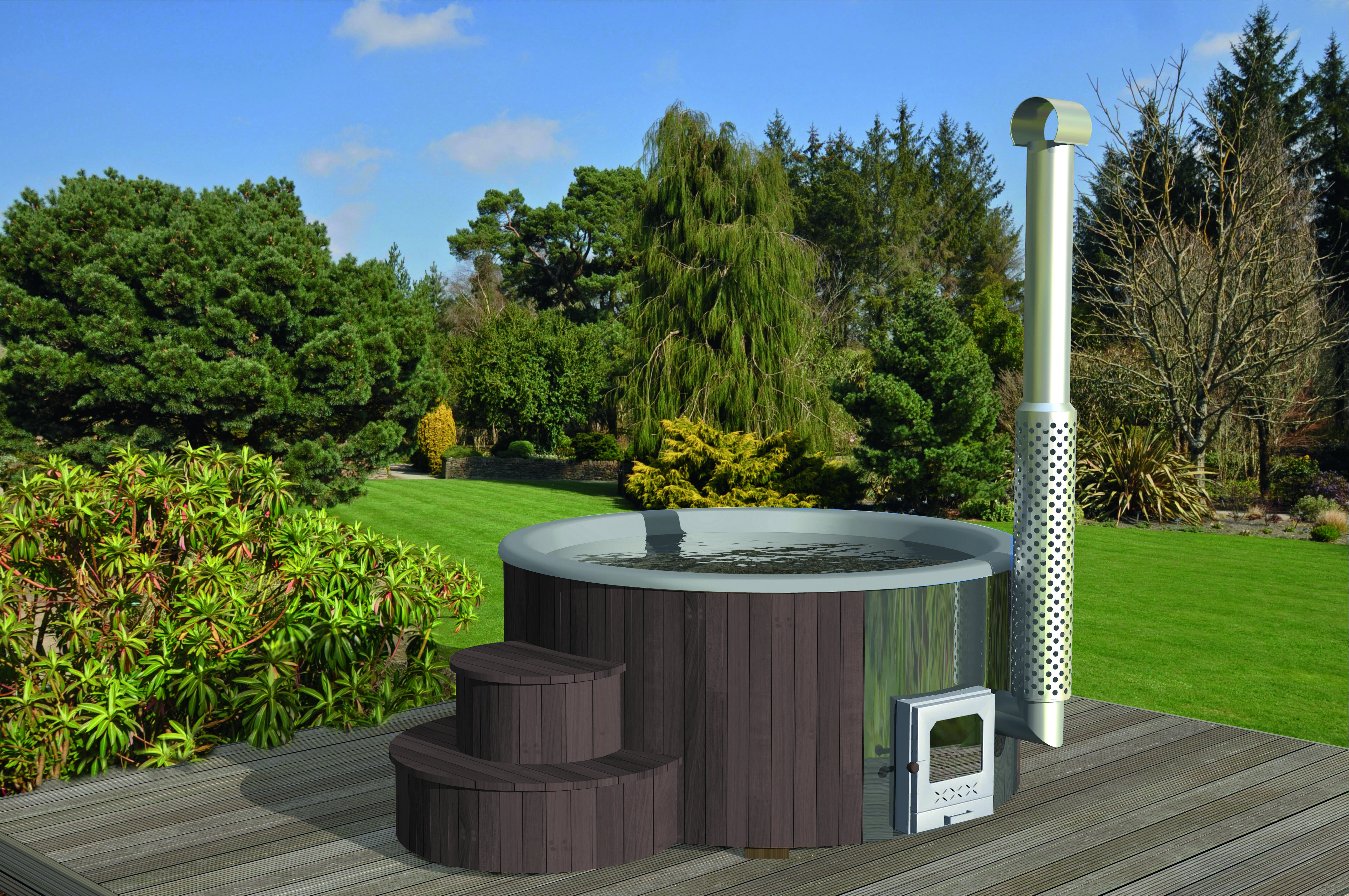 Wolff Finnhaus Badebottich Hot Tub Ø 200 cm Thermoholz mit Außenofen & GFK-Wanne