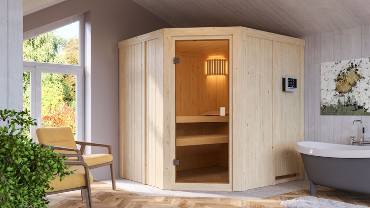 Karibu Woodfeeling Sauna Bodo - 68 mm Aktionssauna inkl. gratis Saunaofen im Wert von 599,99 €
