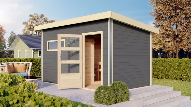 Karibu Saunahaus Skrollan 3 mit Vorraum terragrau (Rechteckfenster) inkl. gratis Saunaofen im Wert von 599,99 €