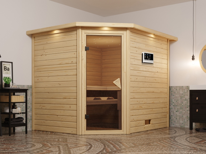 Karibu Sauna Tanami - Massivholzsauna mit Eckeinstieg 38 mm inkl. gratis Sauna-Zubehörset im Wert von 234,94 €