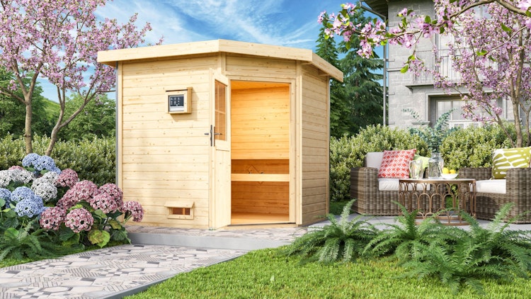 Karibu Gartensauna Pultdach Saunahaus Mikka mit Eckeinstieg naturbelassen inkl. gratis Saunaofen im Wert von 599,99 €