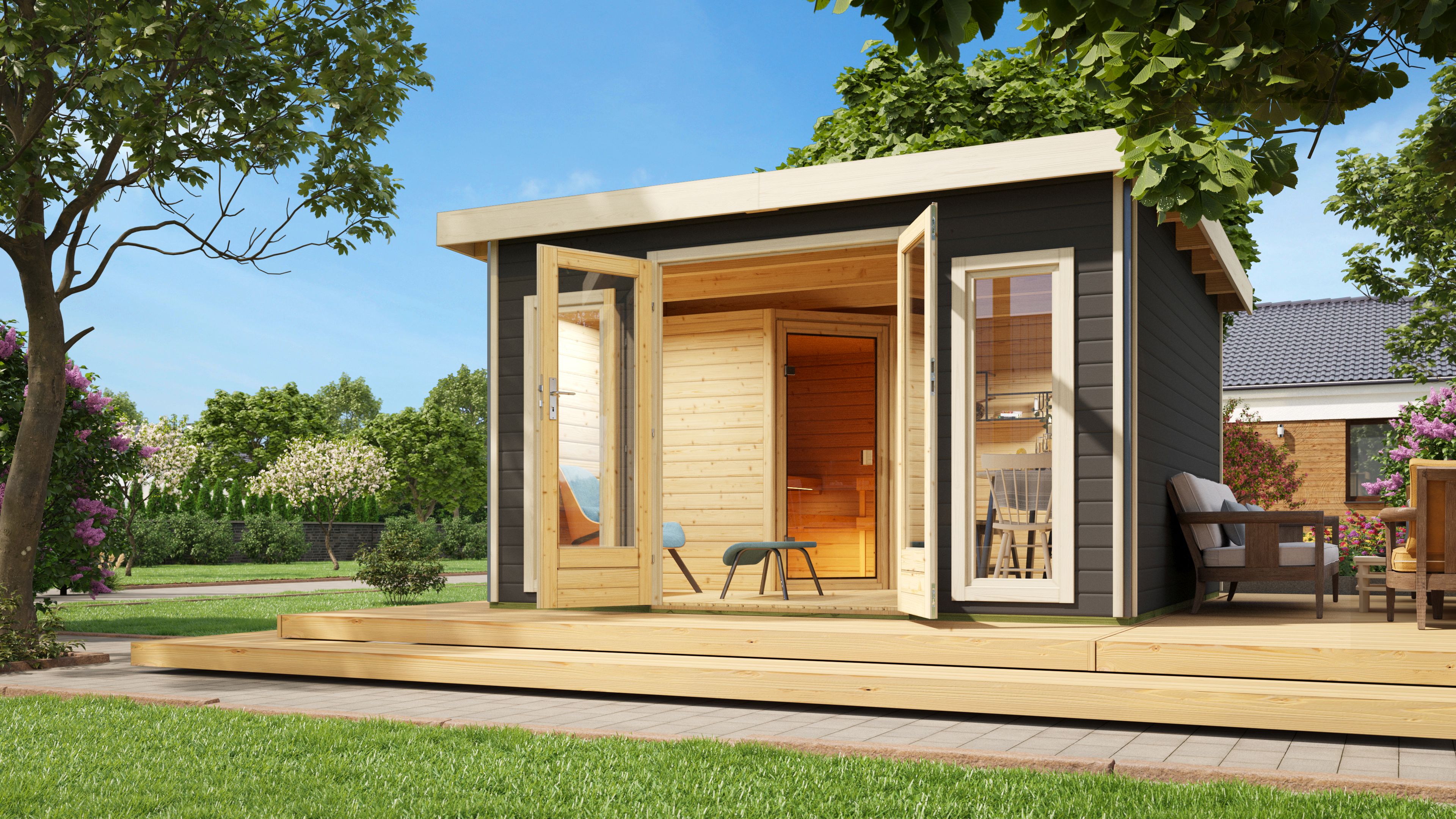 Karibu Saunahaus Mainburg 3 mit Vorraum - 38 mm inkl. gratis Sauna-Zubehörset im Wert von 234,94 €