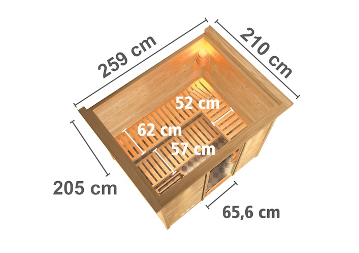 Karibu Sauna Sonara - Massivholzsauna mit Fronteinstieg 38 mm inkl. gratis Saunaofen im Wert von 599,99 €