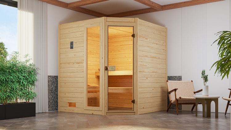 Weka Sauna Valida Eck 1.8 mit Glastür/Fenster- Massivholzsauna 38 mm