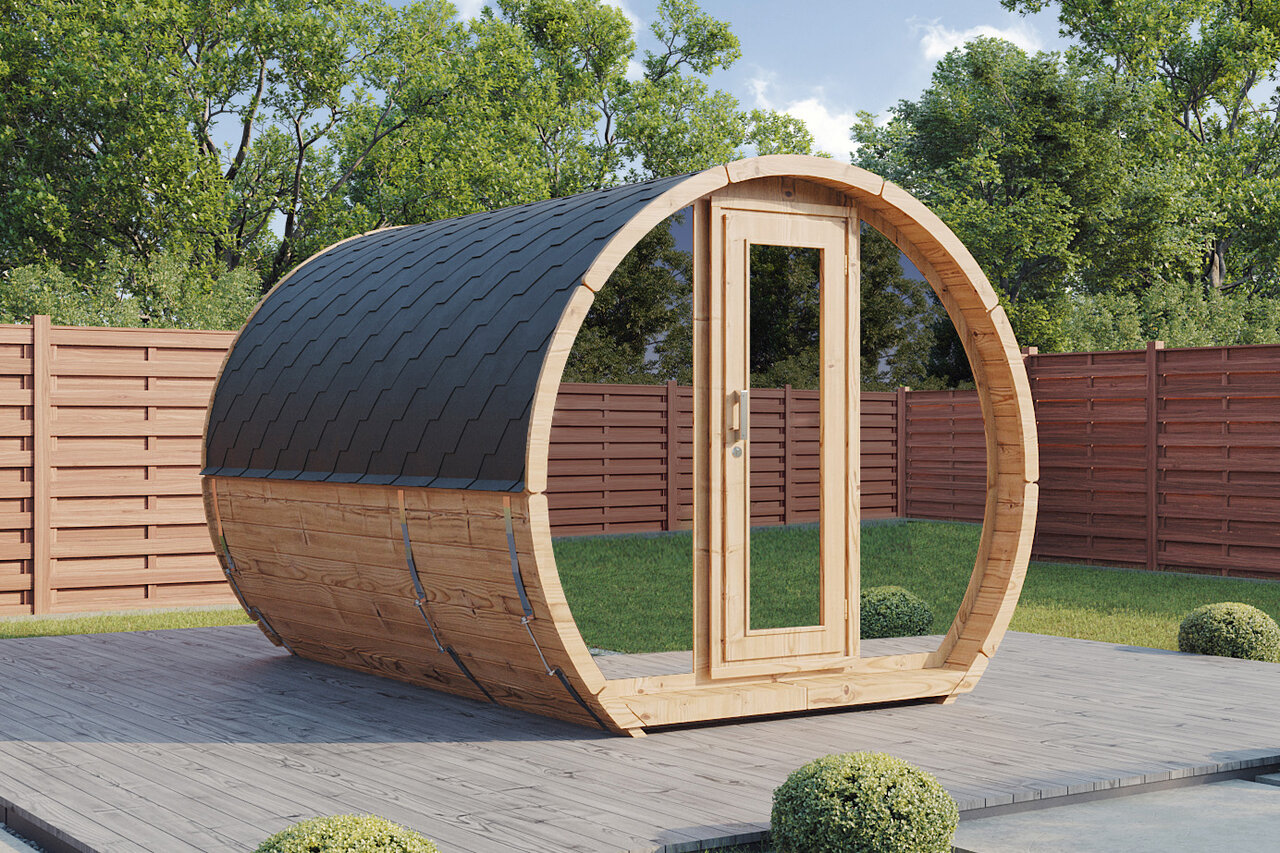 Wolff Finnhaus Saunafass Senta 2333 mit verspiegelter Glasfront