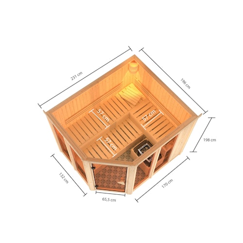 Karibu Sauna Araya Superior mit Eckeinstieg 68 mm Aktionsangebot inkl. gratis Saunaofen im Wert von 599,99 €