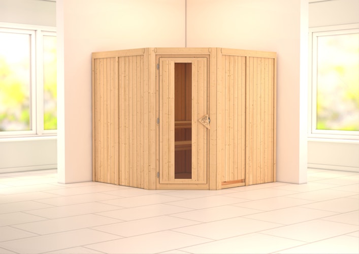 Karibu Sauna Jarin mit Eckeinstieg 68 mm inkl. gratis Saunaofen im Wert von 599,99 €