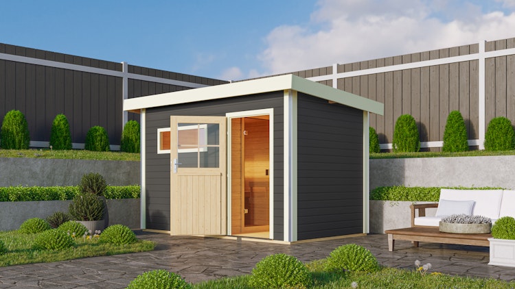 Karibu Gartensauna Pultdach Saunahaus Skrollan 1 mit Vorraum terragrau inkl. gratis Saunaofen im Wert von 599,99 €