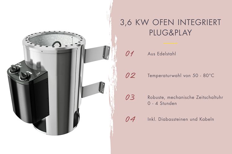Karibu Saunaofen 3,6 kW Plug & Play finnisch mit integrierter Steuerung
