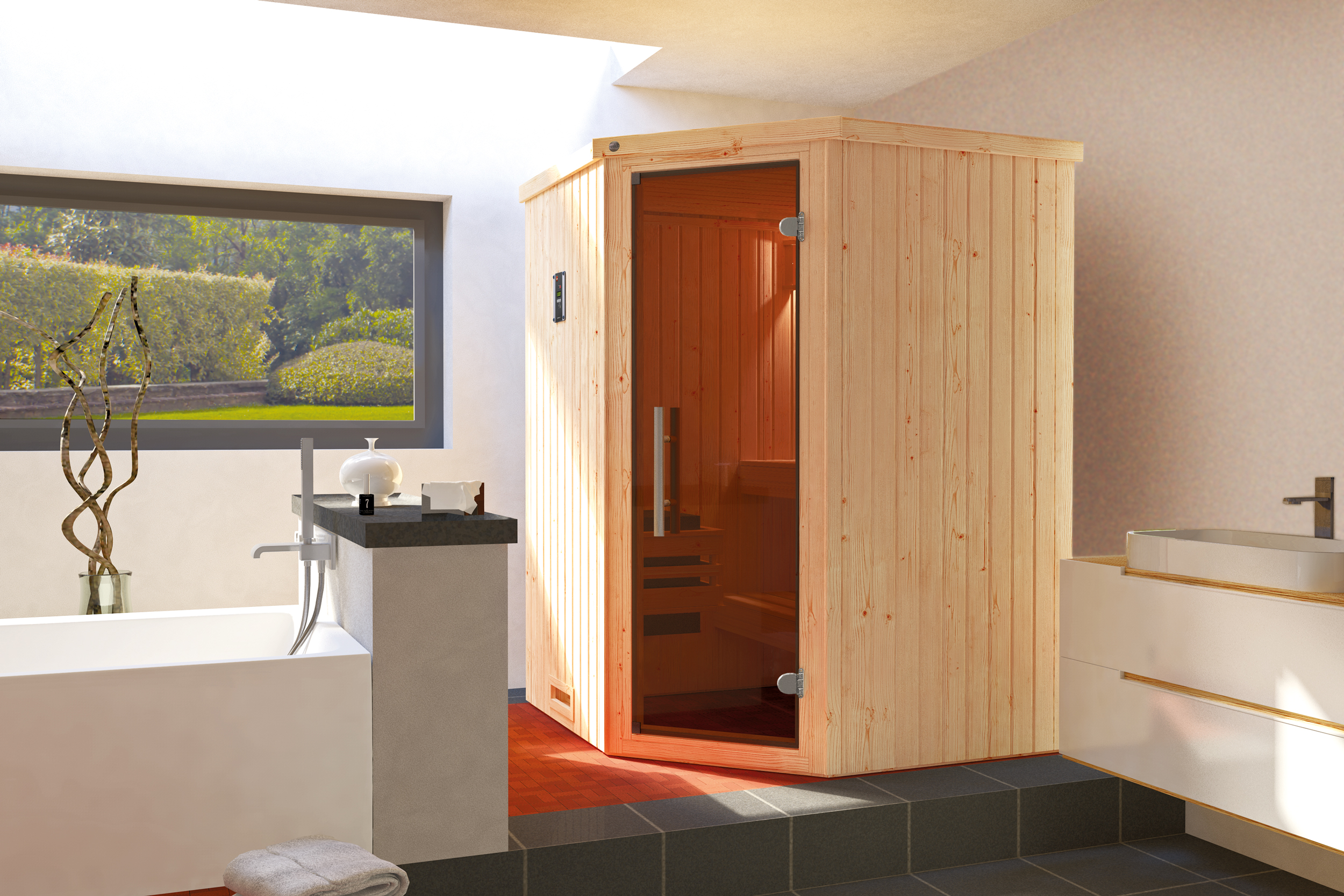 Weka Sauna Kiruna 1 mit Glastür und Eckeinstieg 230 V - 68 mm