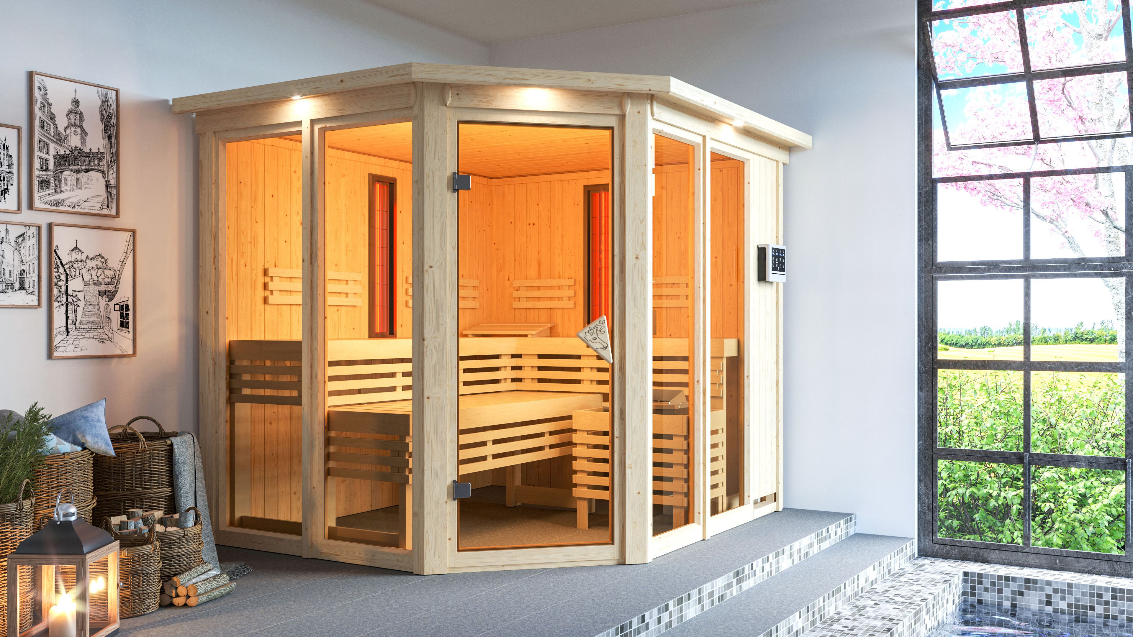 Karibu Multifunktions-Sauna Ava inkl. Infrarotstrahler mit Eckeinstieg 68 mm inkl. 9-teiligem Gratis-Zubehörpaket im Wert von 137,95 €