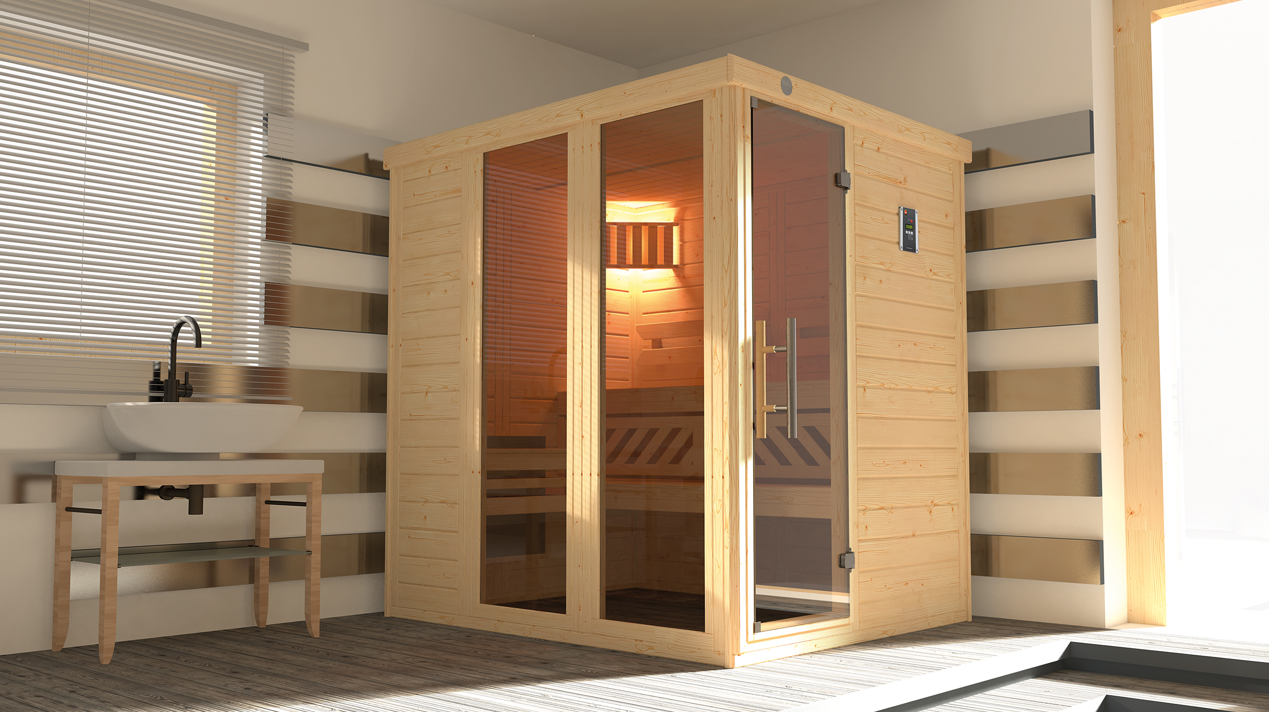 Weka Premium Massivholz-Elementsauna Kemi Panorama 1 mit Glastür+2 Fenster und Sternenhimmel - 45 mm