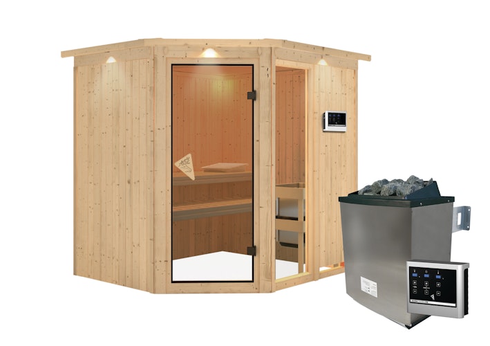 Karibu Sauna Fiona 2 mit Eckeinstieg 68 mm inkl. gratis Saunaofen im Wert von 599,99 €