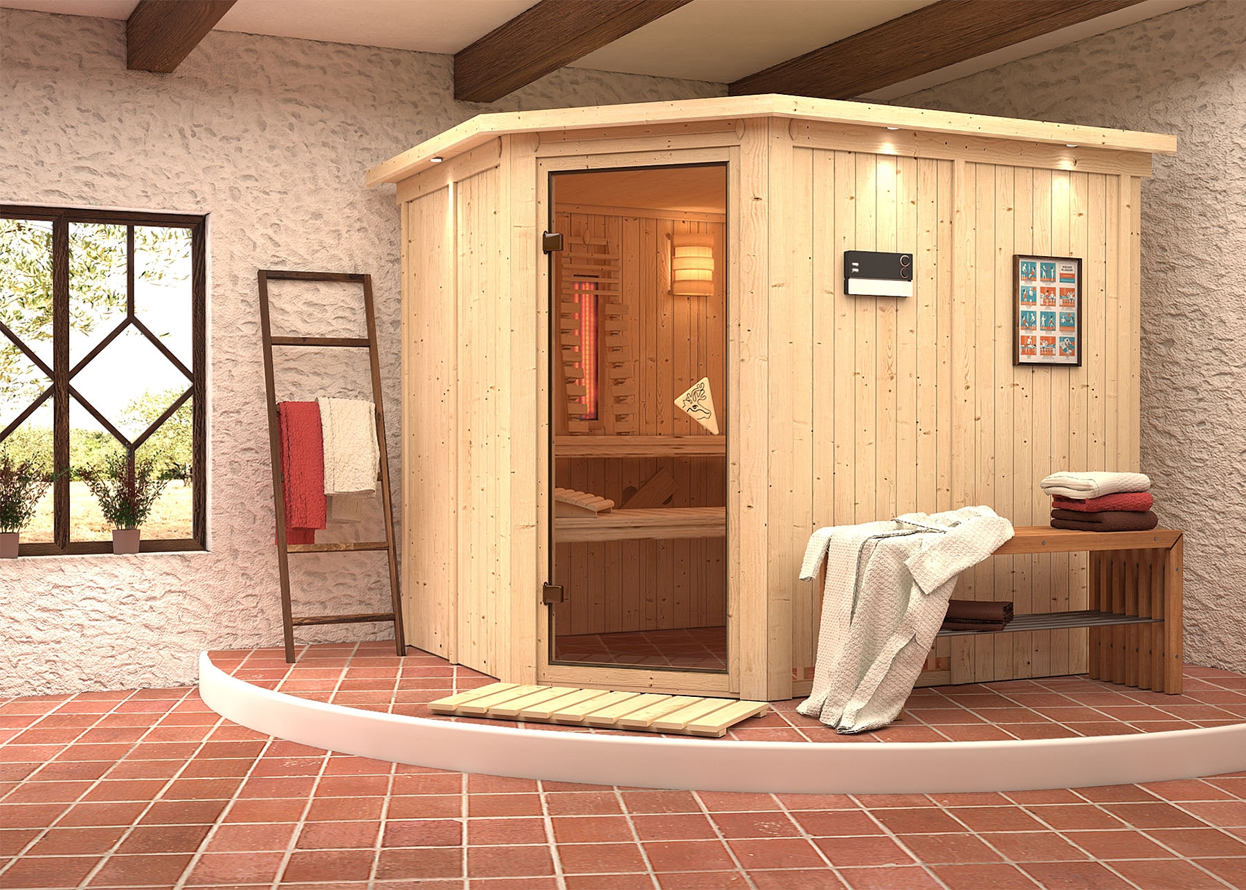 Karibu Sauna Malin mit Eckeinstieg 68 mm inkl. gratis Sauna-Zubehörset im Wert von 234,94 €