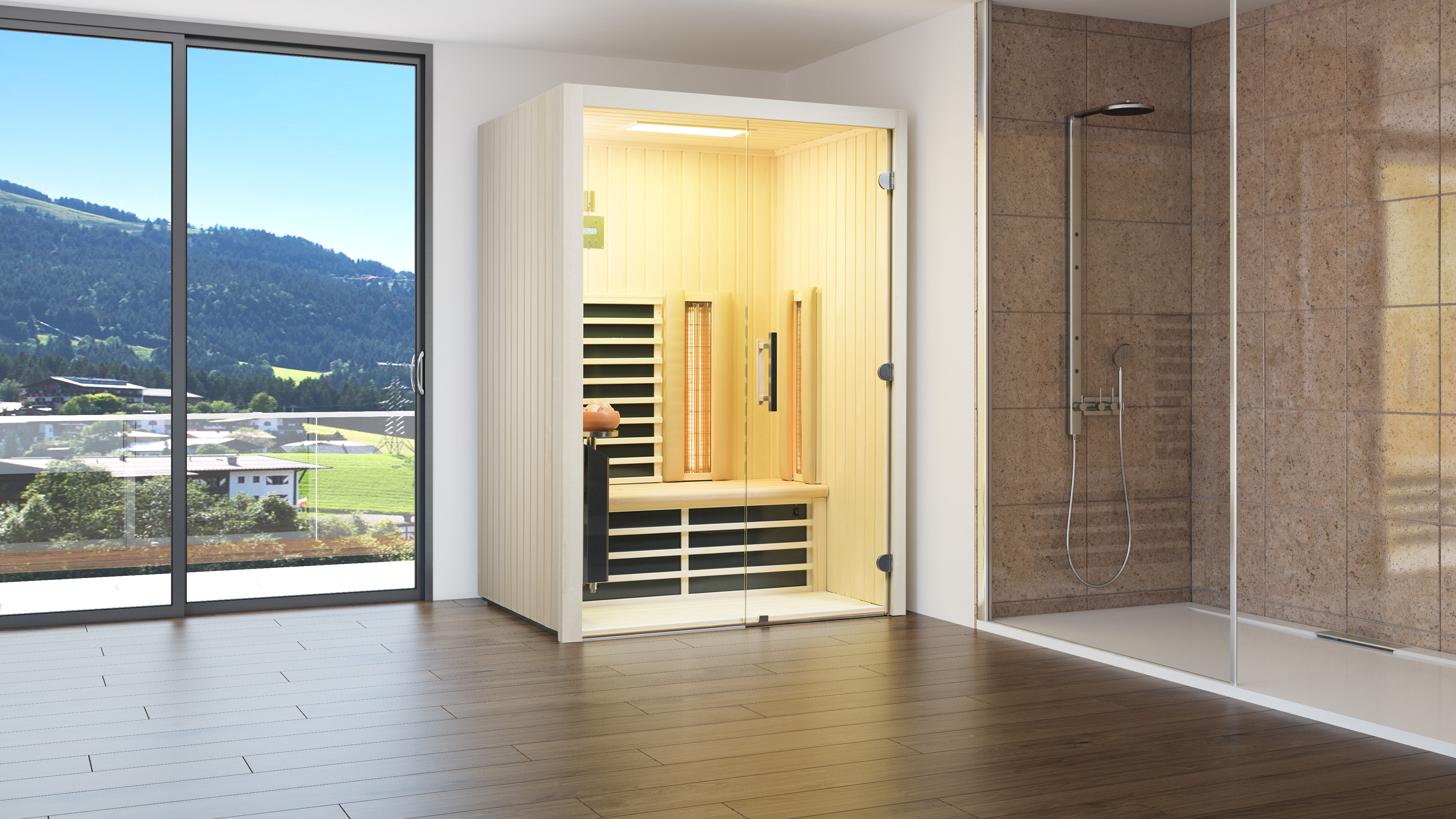 Infraworld Infrarotkabine TrioSol Glas 145 Espe VG inkl. 5-teiligem gratis Zubehörset