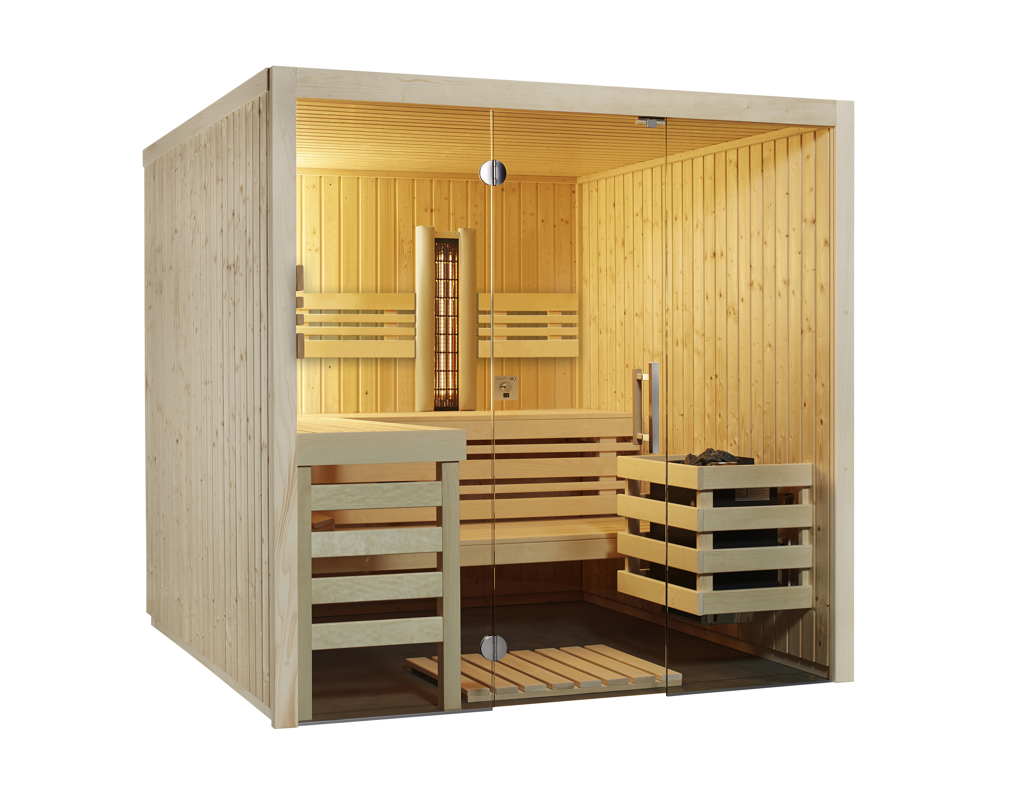 Infraworld Sauna Panorama Complete 162 Fichte - 75 mm Multifunktionssauna inkl. 5-teiligem gratis Zubehörset