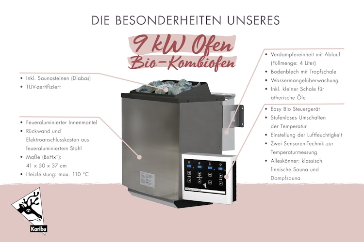 Karibu 9 kW Bio-Kombiofen Saunaofen anthrazit inkl. Steuergerät EASY schwarz - Sparset