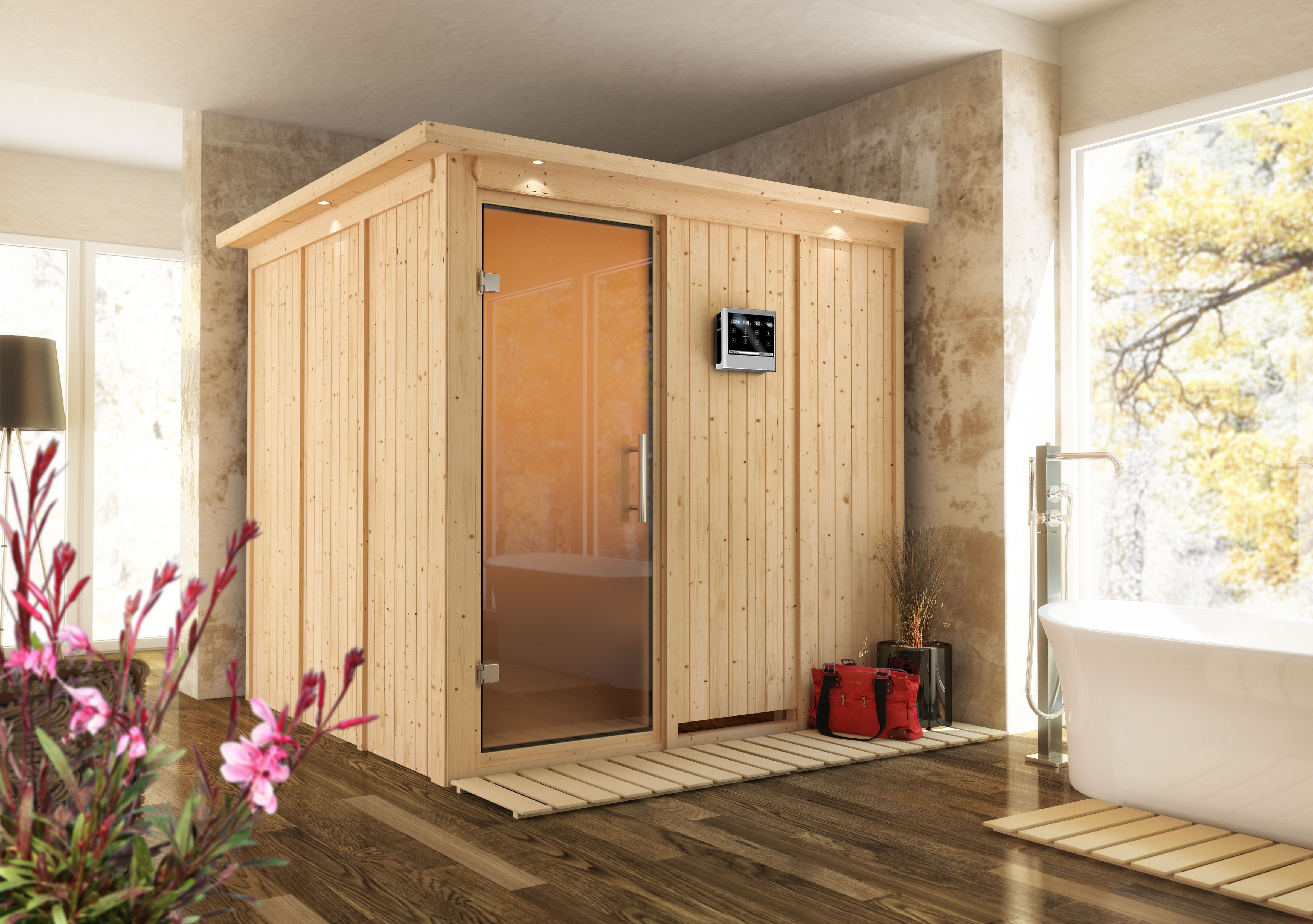 Karibu Sauna Rodin mit Fronteinstieg 68 mm inkl. 5-teiligem Gratis-Zubehörpaket im Wert von 100 €