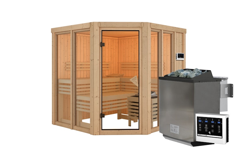 Karibu Sauna Airi Superior mit Eckeinstieg 68 mm inkl. gratis Saunaofen im Wert von 599,99 €