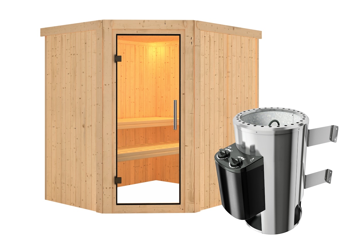 Karibu Sauna Lilja - 68 mm Systemsauna - 230 Volt Plug & Play-3,6 kW Plug&Play Ofen mit integrierter Steuerung-Ohne Dachkranz-Klarglas Ganzglastür