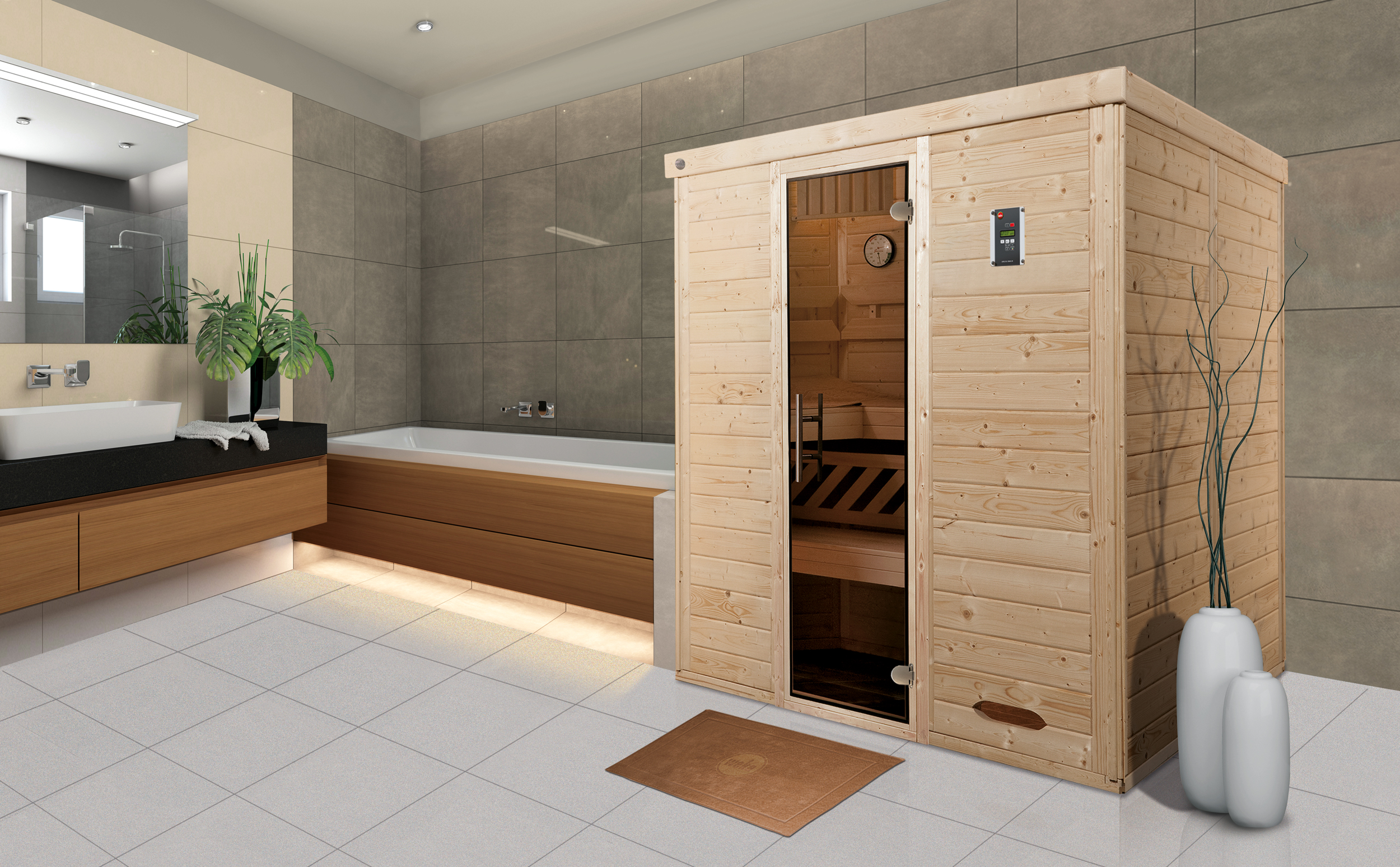 Weka Premium Massivholz-Elementsauna Kemi 3 mit Glastür - 45 mm