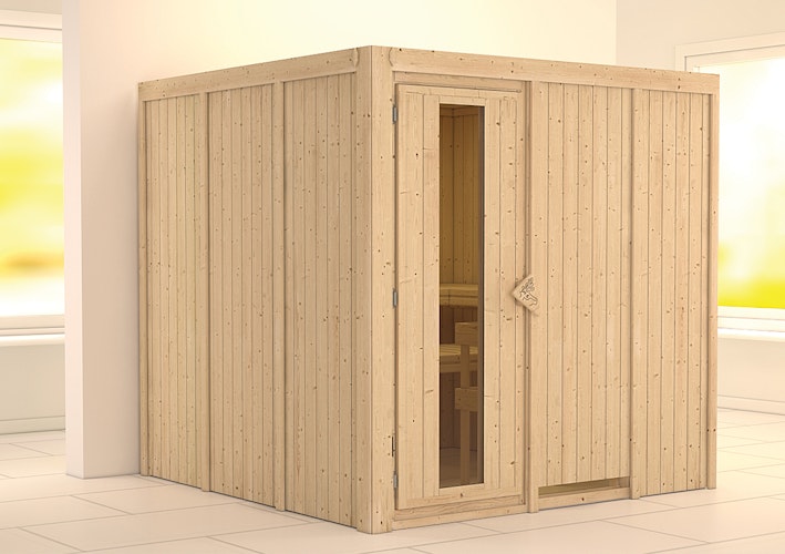 Karibu Sauna Rodin mit Fronteinstieg 68 mm inkl. gratis Saunaofen im Wert von 599,99 €