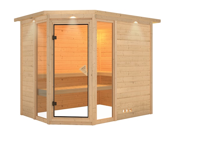 Karibu Sauna Sinai 3 - Massivholzsauna mit Eckeinstieg 38 mm