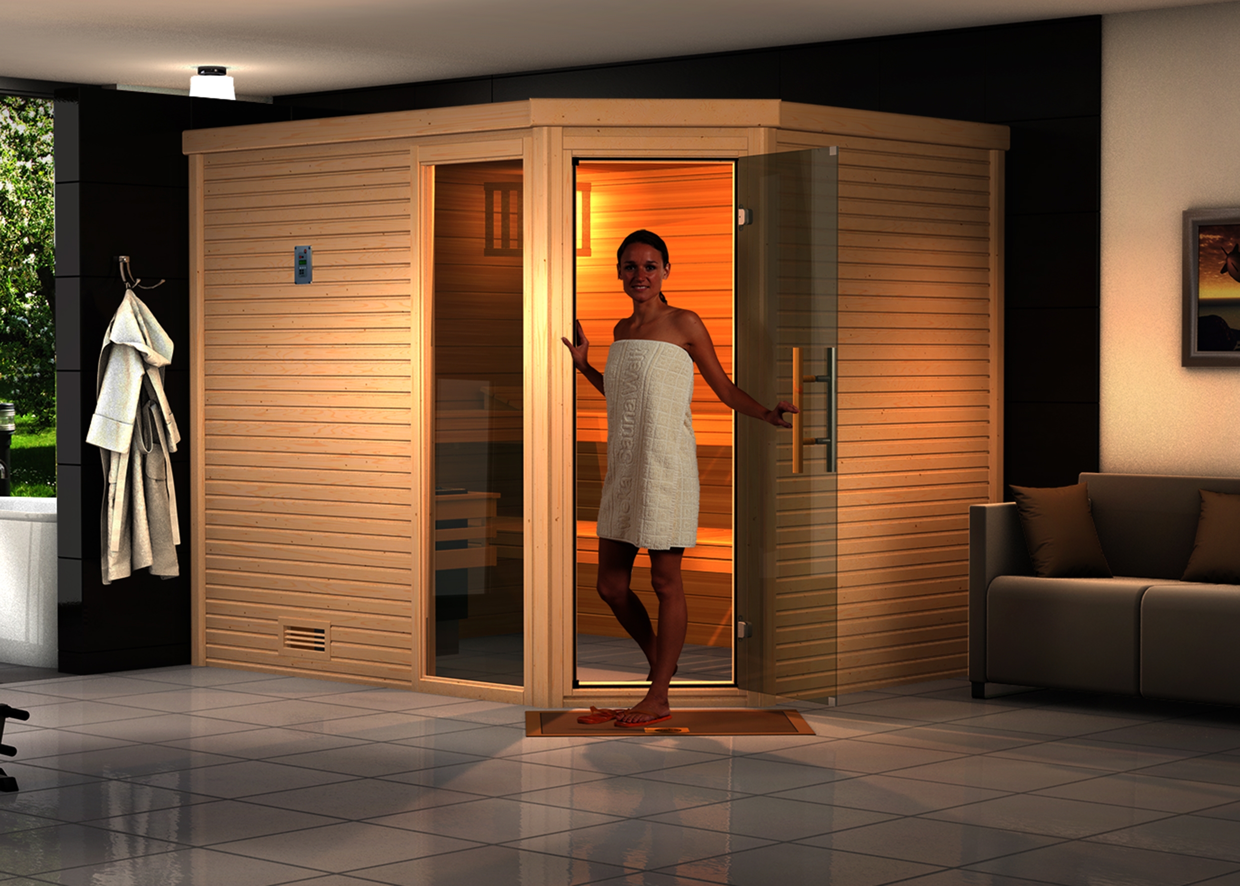 Weka Premium Massivholzsauna Cubilis 3 Familiensauna mit Glastür+Fenster ohne Montageservice - 45 mm