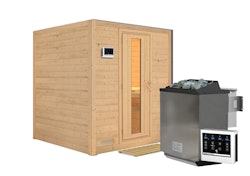 Karibu Sauna Mojave - Massivholzsauna mit Fronteinstieg 40 mm-9 kW Bio-Kombiofen inkl. Steuergerät-ohne Dachkranz-Saunatür mit Glaseinsatz