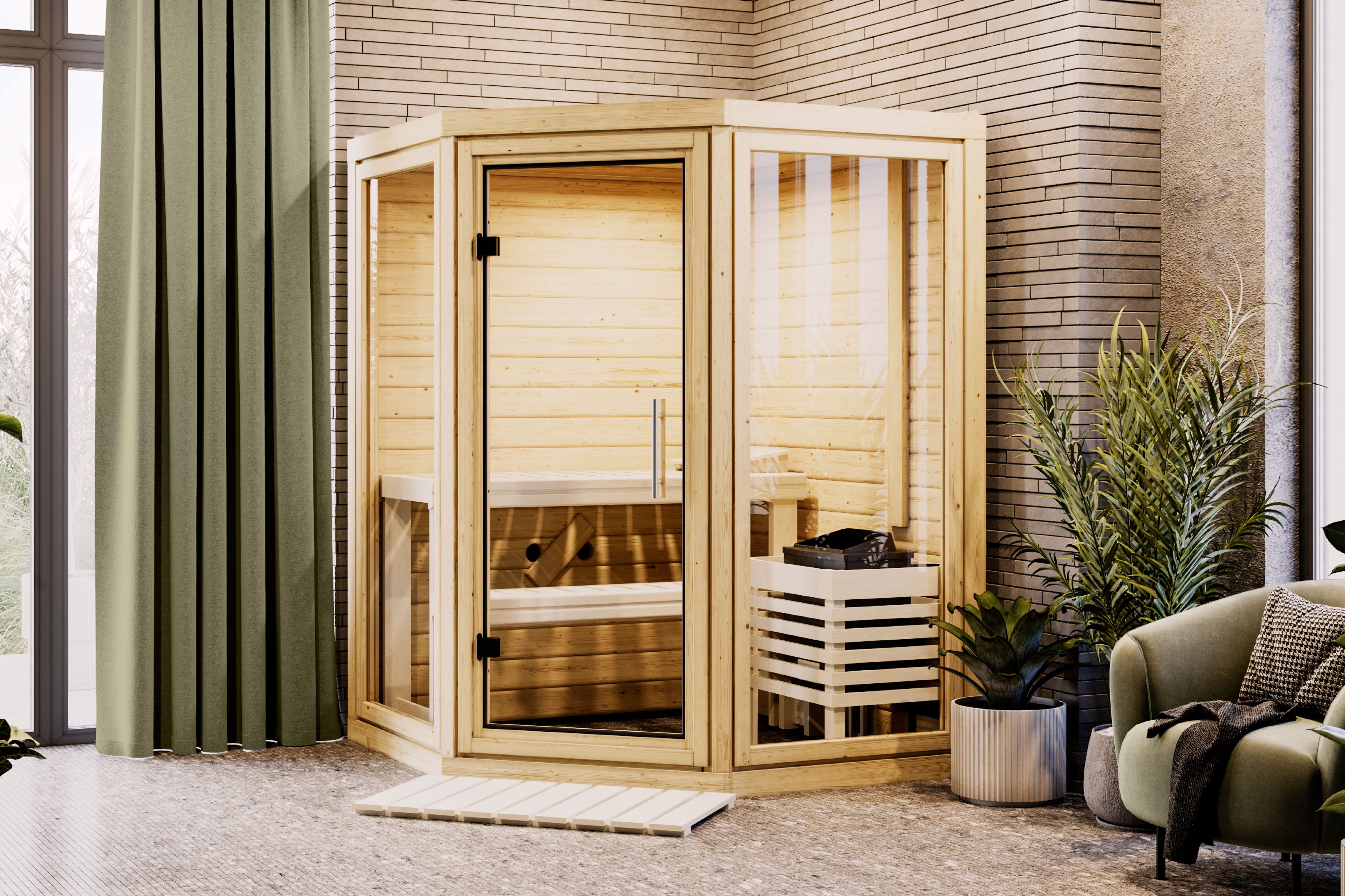 Karibu Sauna Yuma - Massivholzsauna mit Eckeinstieg 38 mm