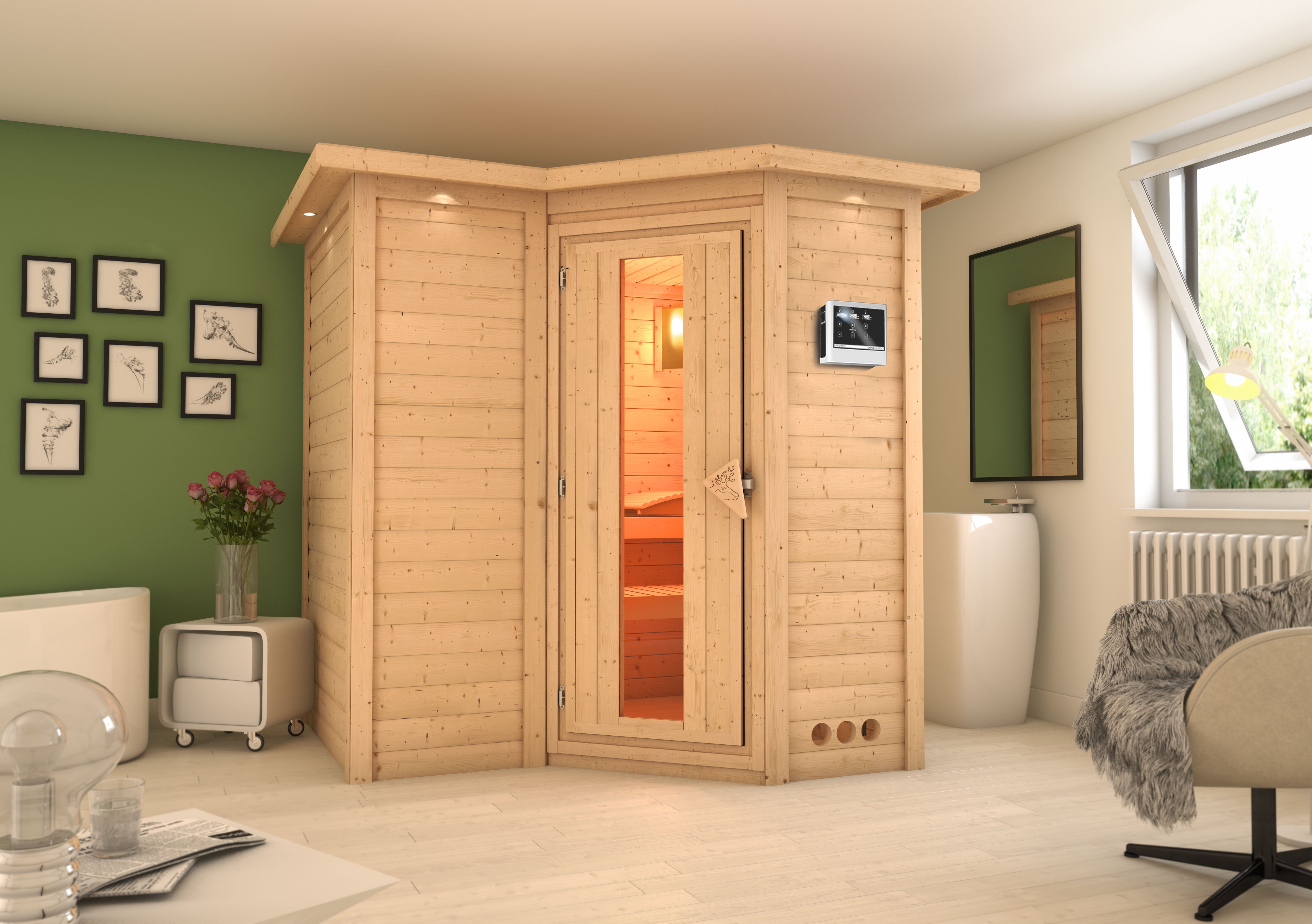 Karibu Sauna Sahib 1-Massivholzsauna 38 mm-Fronteinstieg -Exklusivoptik inkl. 5-teiligem Gratis-Zubehörpaket im Wert von 100 €