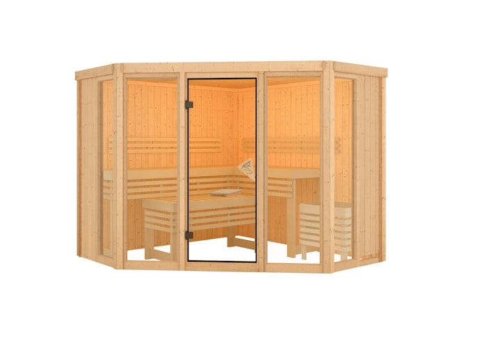Karibu Sauna Alcinda 2 Superior mit Eckeinstieg 68 mm inkl. gratis Saunaofen im Wert von 599,99 €