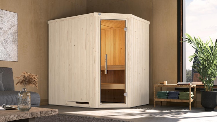 Weka Elementsauna Varberg 1 Trend mit Eckeinstieg & weiß lasierten Fronten - 68 mm