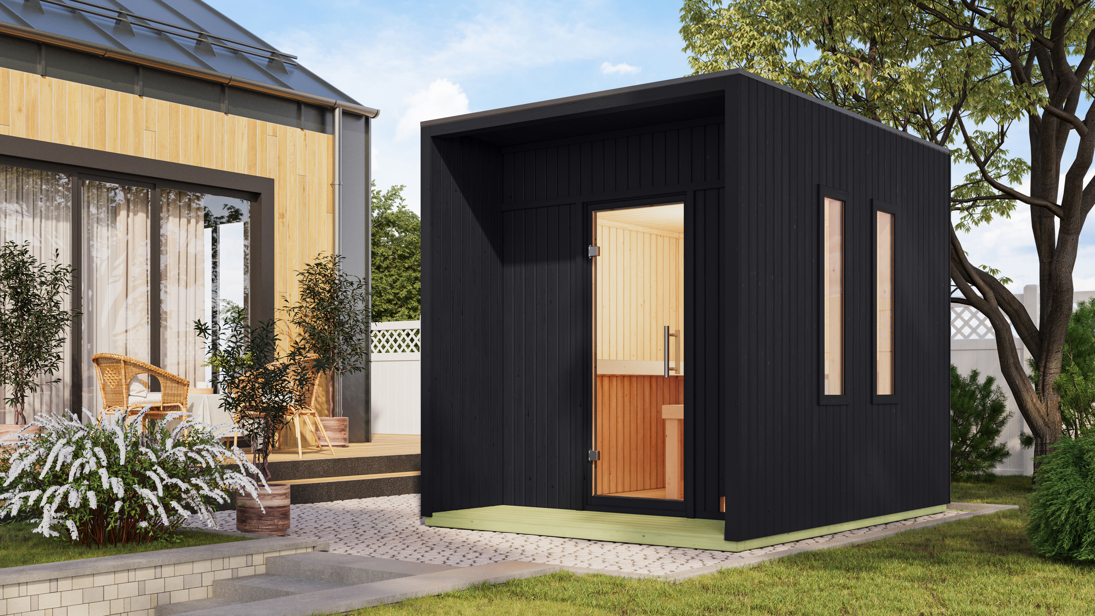 Karibu Design Saunahaus Laguna Blackline - 73 mm inkl. gratis Sauna-Zubehörset im Wert von 234,94 €