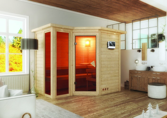 Karibu Sauna Amara-Massivholzsauna 38 mm -Eckeinstieg - Exklusivoptik inkl. gratis Saunaofen im Wert von 599,99 €
