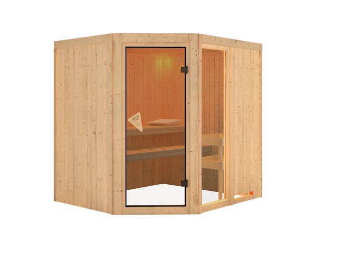 Karibu Sauna Fiona 2 mit Eckeinstieg 68 mm inkl. gratis Saunaofen im Wert von 599,99 €