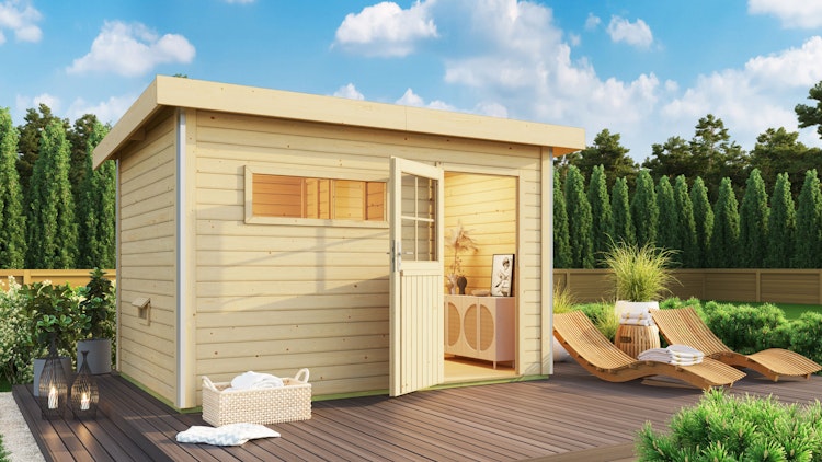 Karibu Saunahaus Skrollan 3 mit Vorraum naturbelassen (Rechteckfenster) inkl. gratis Saunaofen im Wert von 599,99 €
