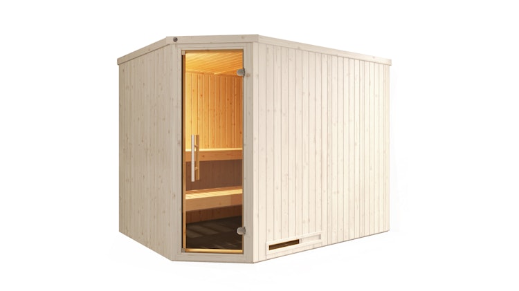 Weka Elementsauna Varberg 4 Trend Familiensauna mit Eckeinstieg & weiß lasierten Fronten - 68 mm