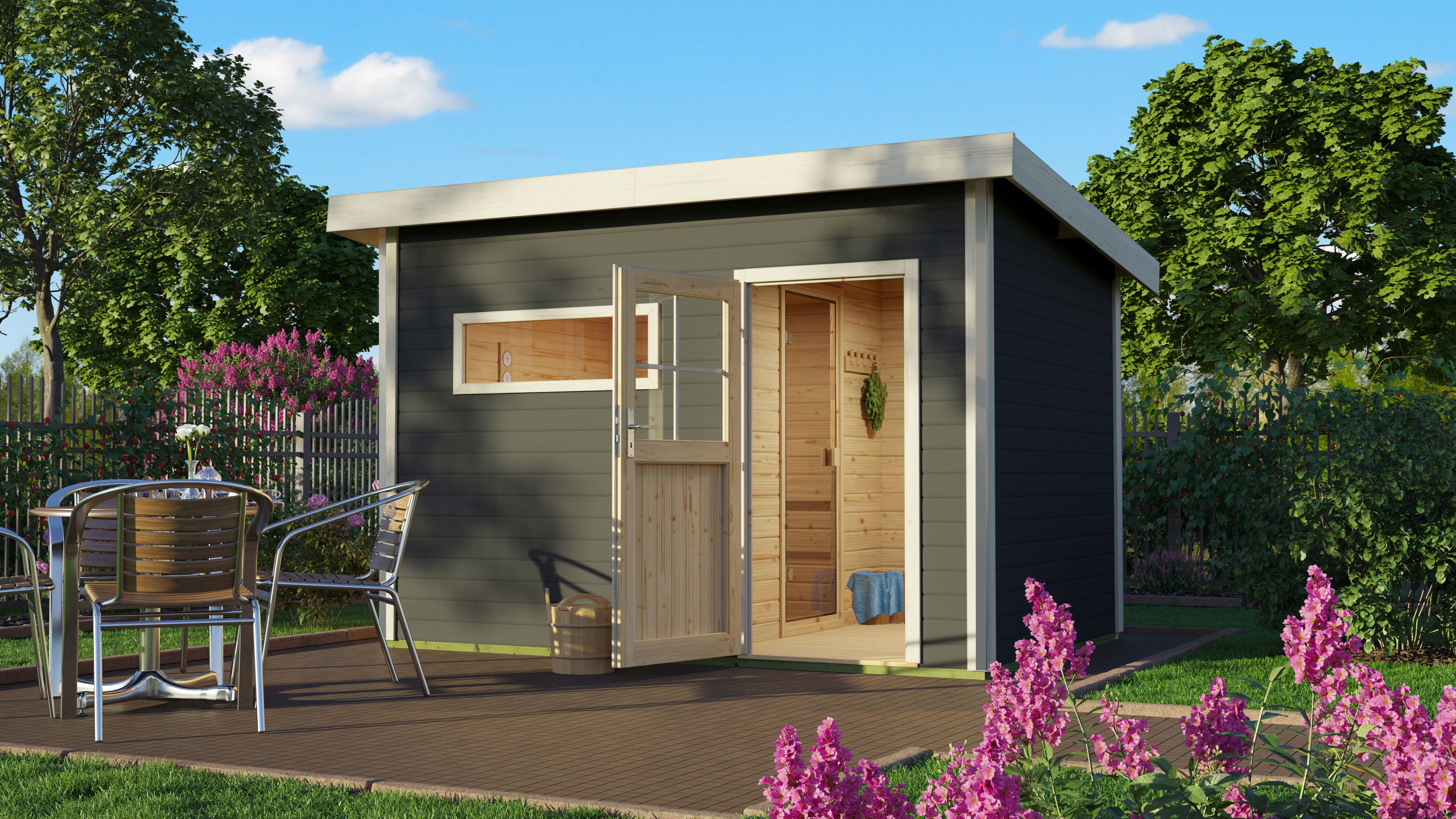 Karibu Saunahaus Skrollan 2 mit Vorraum terragrau