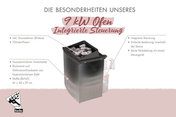 Karibu 9 kW Saunaofen mit integrierter Steuerung (ohne Steine)