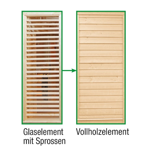 Wolff Finnhaus Sauna Paradiso: Tausch Glaselement mit Sprossen in Vollholzelement