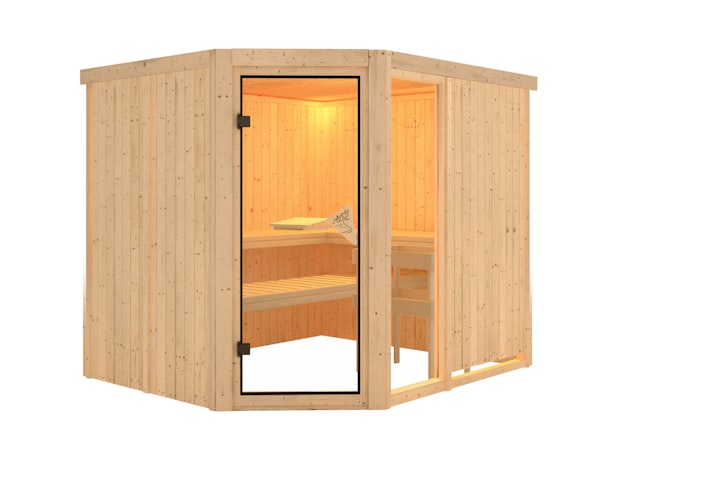 Karibu Sauna Fiona 3 mit Eckeinstieg 68 mm inkl. gratis Saunaofen im Wert von 599,99 €