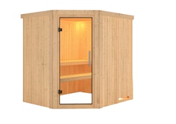 Karibu Sauna Siirin mit Eckeinstieg 68 mm - Ohne Ofen-Ohne Dachkranz-Klarglas Ganzglastür inkl. gratis Saunaofen im Wert von 599,99 €