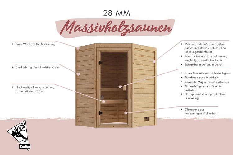 Karibu Sauna Valida  (Eckeinstieg) - 38 mm Massivholz Aktionssauna 230 Volt Plug & Play