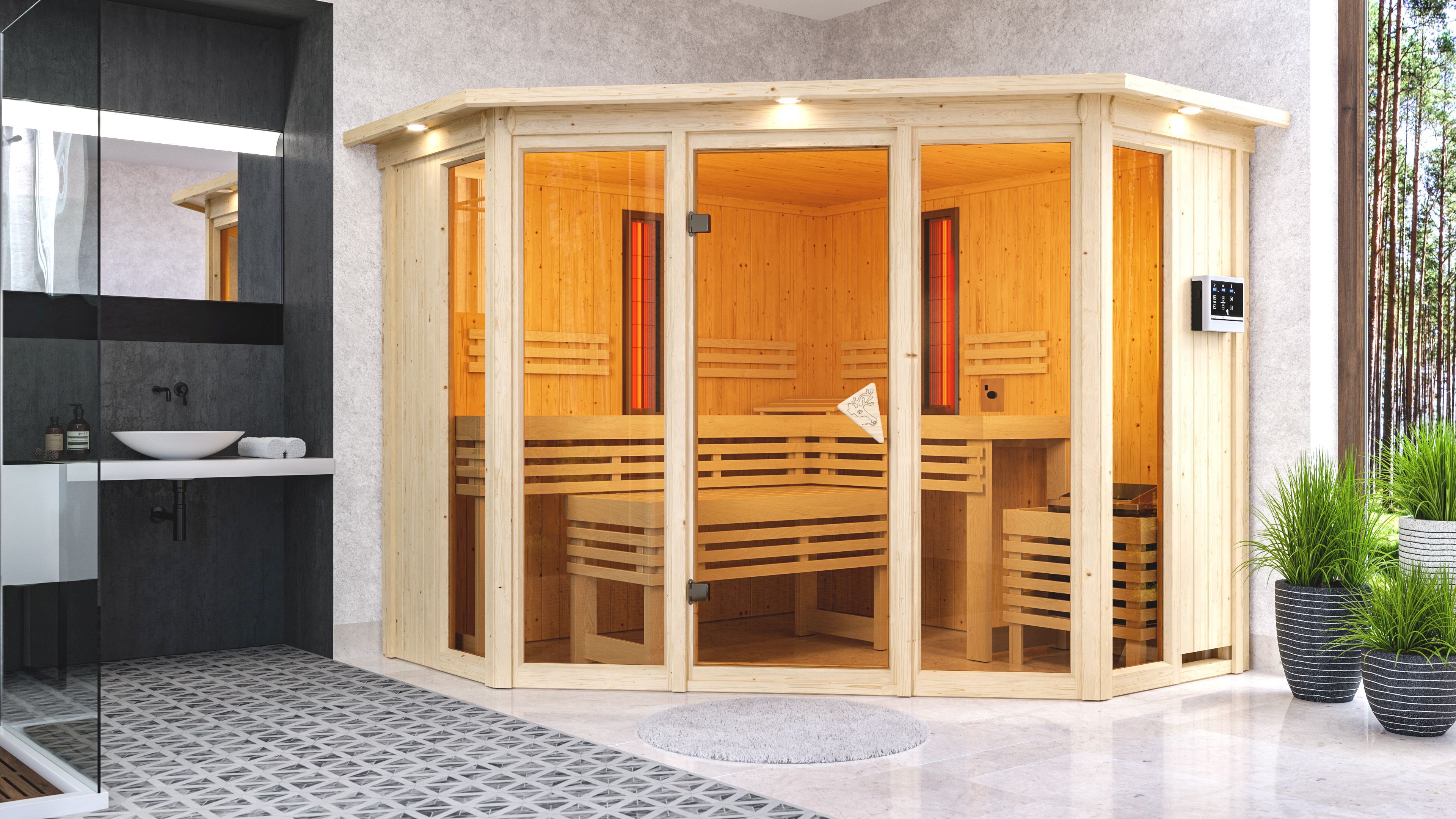 Karibu Multifunktions-Sauna Asta inkl. Infrarotstrahler mit Eckeinstieg 68 mm inkl. gratis Sauna-Zubehörset im Wert von 234,94 €